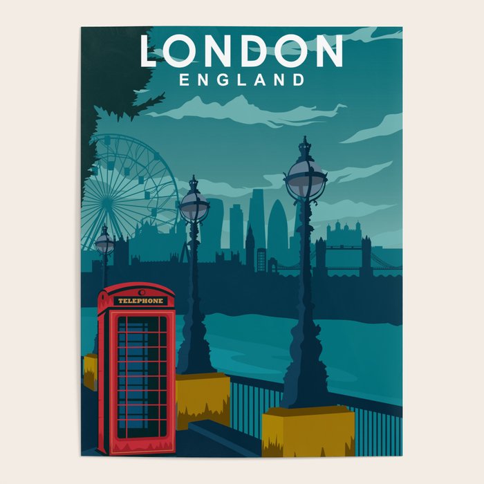 London Travel Poster Telephone booth and skyline Poster Gallery Image 1