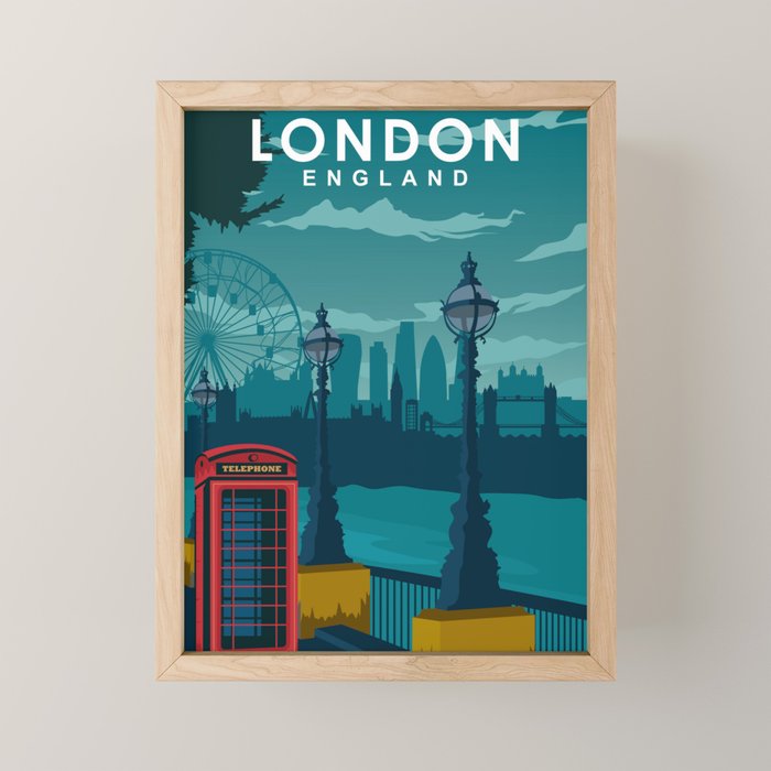 London Travel Poster Telephone booth and skyline Mini Art Print Gallery Image 1