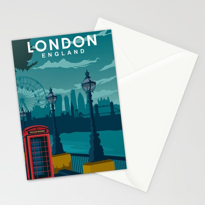London Travel Poster Telephone booth and skyline Stationery Card Gallery Image 2