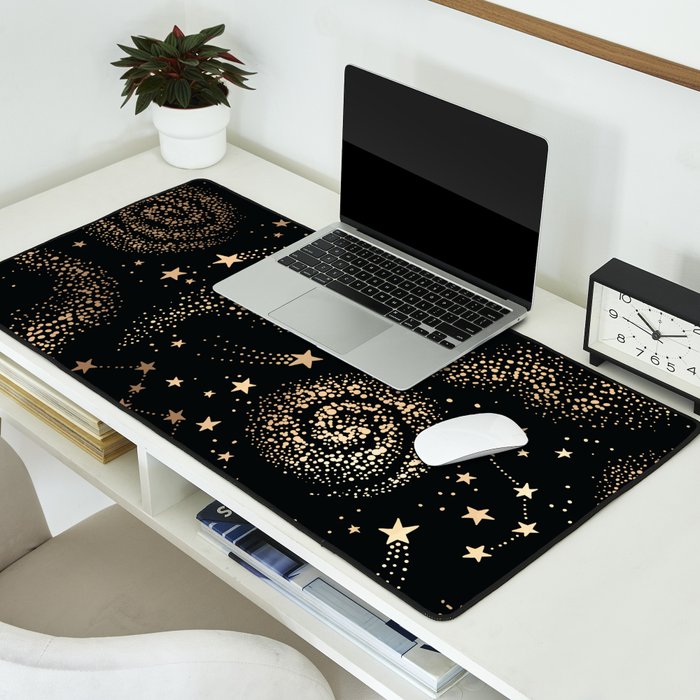 Magical Starry Night Sky Golden Cosmic Swirl II Desk Mat Gallery Image 2