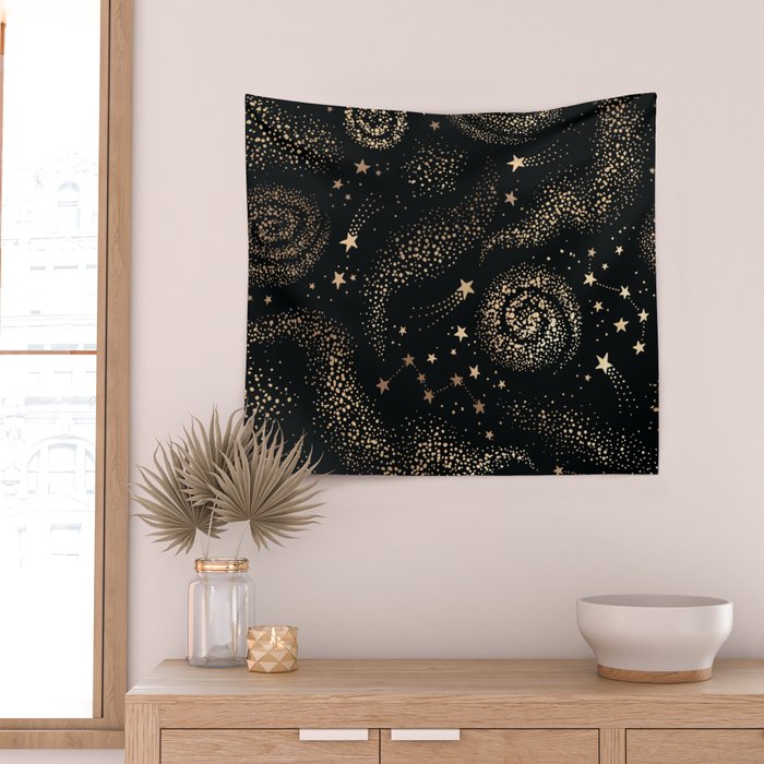 Magical Starry Night Sky Golden Cosmic Swirl II Wall Tapestry Gallery Image 2
