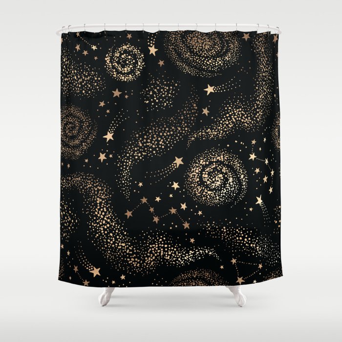 Magical Starry Night Sky Golden Cosmic Swirl II Shower Curtain Gallery Image 1