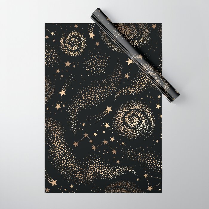 Magical Starry Night Sky Golden Cosmic Swirl II Wrapping Paper Gallery Image 1