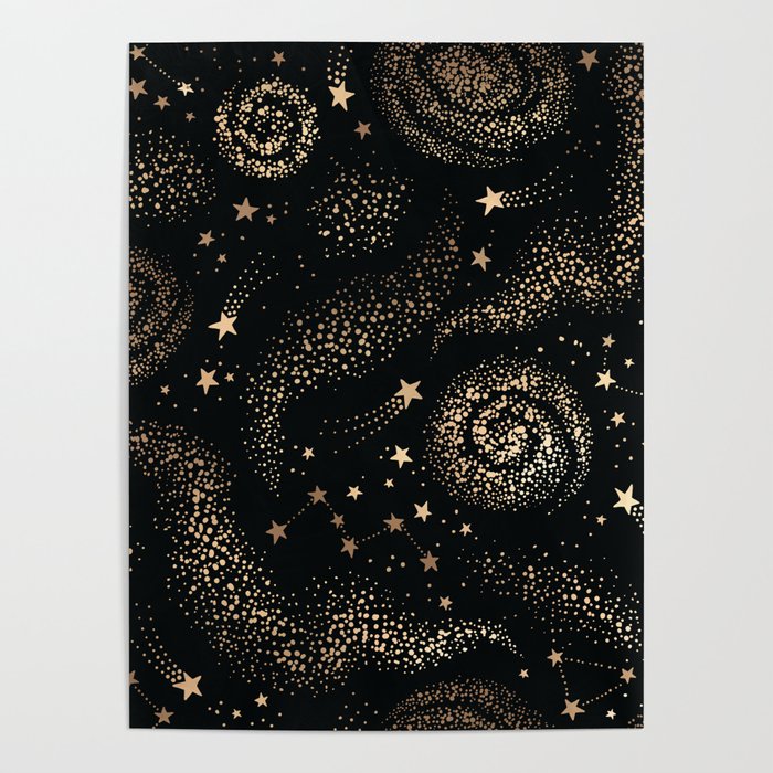 Magical Starry Night Sky Golden Cosmic Swirl II Poster Gallery Image 1