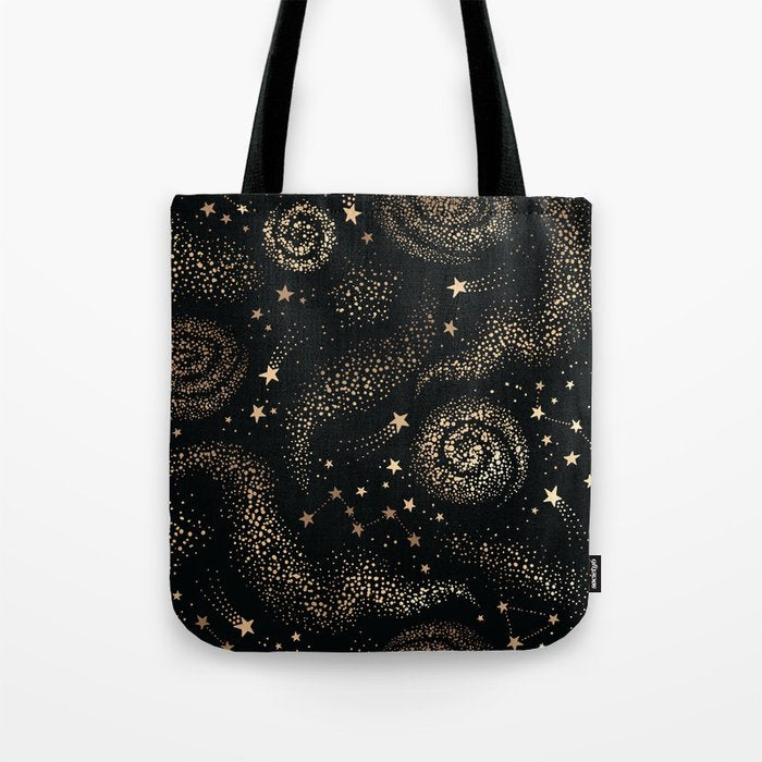 Magical Starry Night Sky Golden Cosmic Swirl II Tote Bag Gallery Image 1
