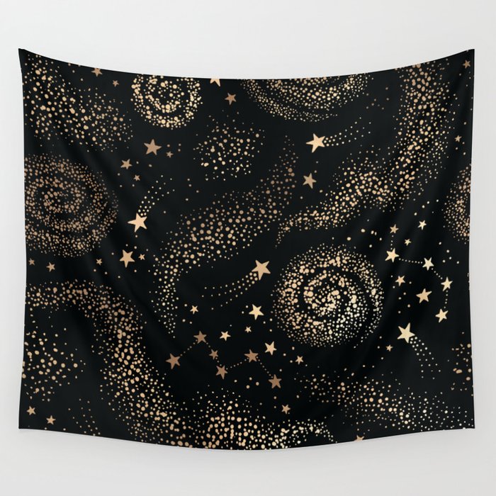 Magical Starry Night Sky Golden Cosmic Swirl II Wall Tapestry Gallery Image 1