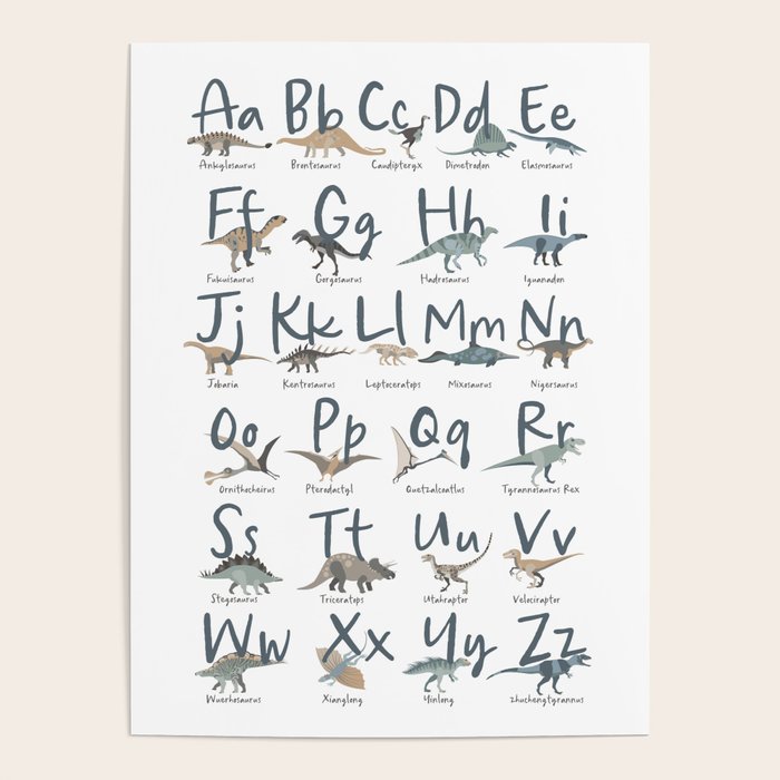 Dinosaur alphabet in muted shades of blue, grey and green Poster Gallery Image 4