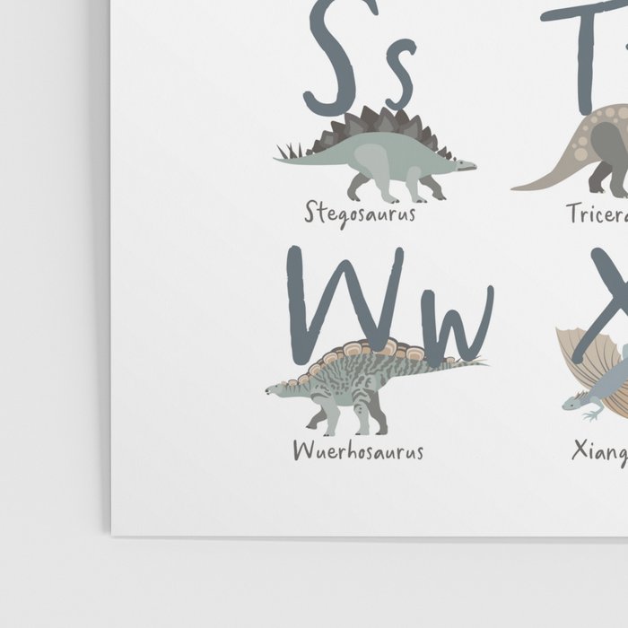 Dinosaur alphabet in muted shades of blue, grey and green Poster Gallery Image 3