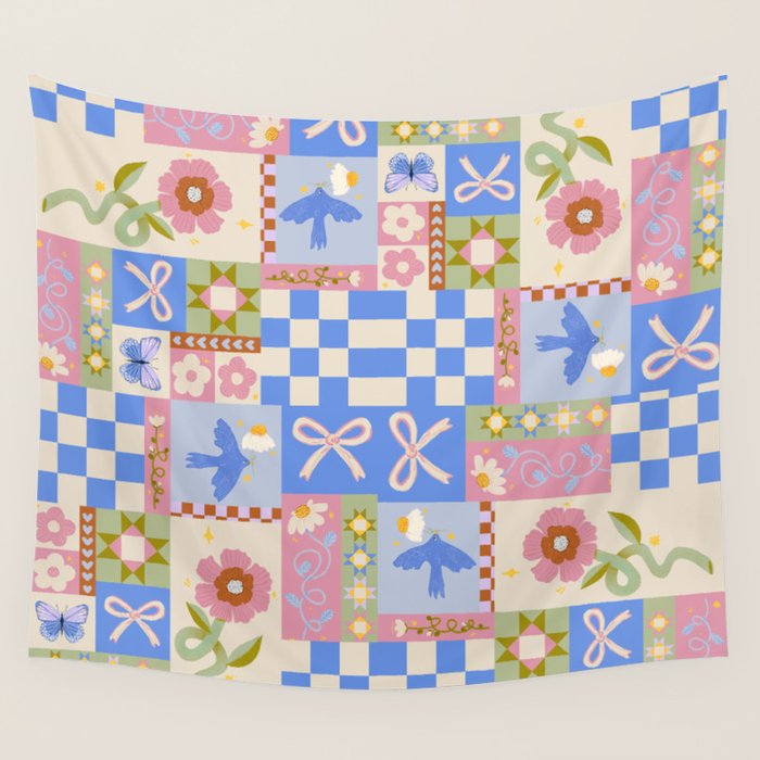 Whimsical Folk Garden Collage Wall Tapestry Gallery Image 1