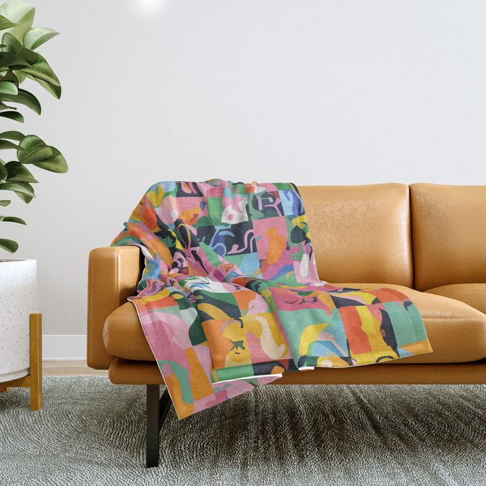 Life On a Checkboard, Abstract Maximalism Eclectic Painting, Bohemian Pop of Color Illustration  Throw Blanket Gallery Image 1