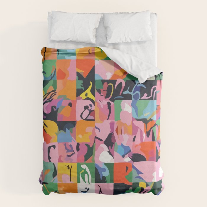 Life On a Checkboard, Abstract Maximalism Eclectic Painting, Bohemian Pop of Color Illustration  Duvet Cover Gallery Image 6