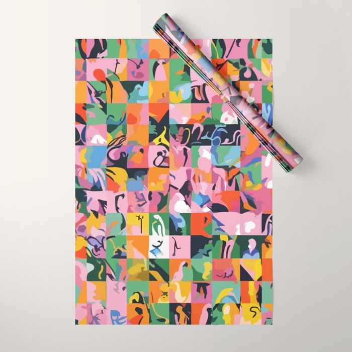 Life On a Checkboard, Abstract Maximalism Eclectic Painting, Bohemian Pop of Color Illustration  Wrapping Paper Gallery Image 1