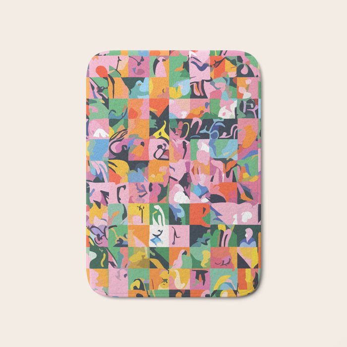 Life On a Checkboard, Abstract Maximalism Eclectic Painting, Bohemian Pop of Color Illustration  Bath Mat Gallery Image 1