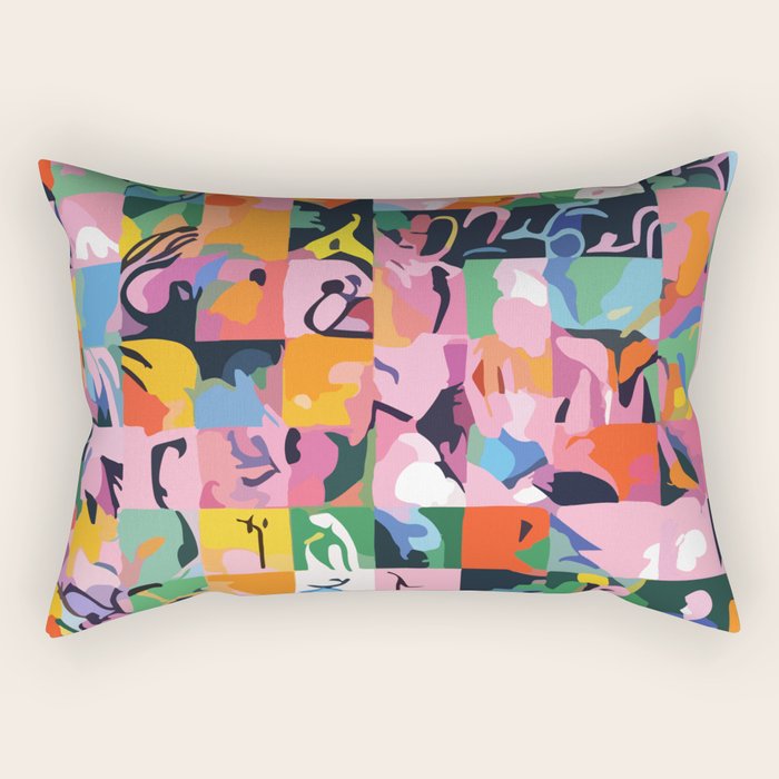 Life On a Checkboard, Abstract Maximalism Eclectic Painting, Bohemian Pop of Color Illustration  Rectangular Pillow Gallery Image 1
