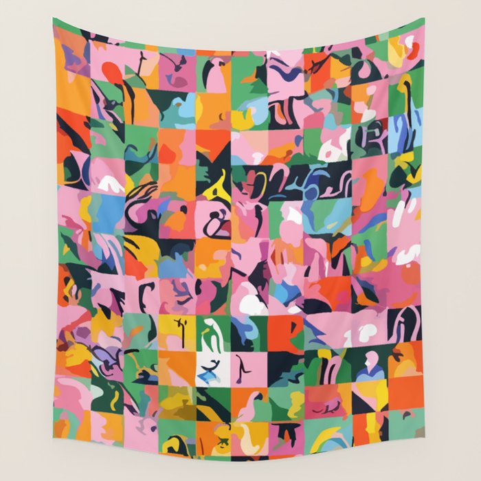 Life On a Checkboard, Abstract Maximalism Eclectic Painting, Bohemian Pop of Color Illustration  Wall Tapestry Gallery Image 4
