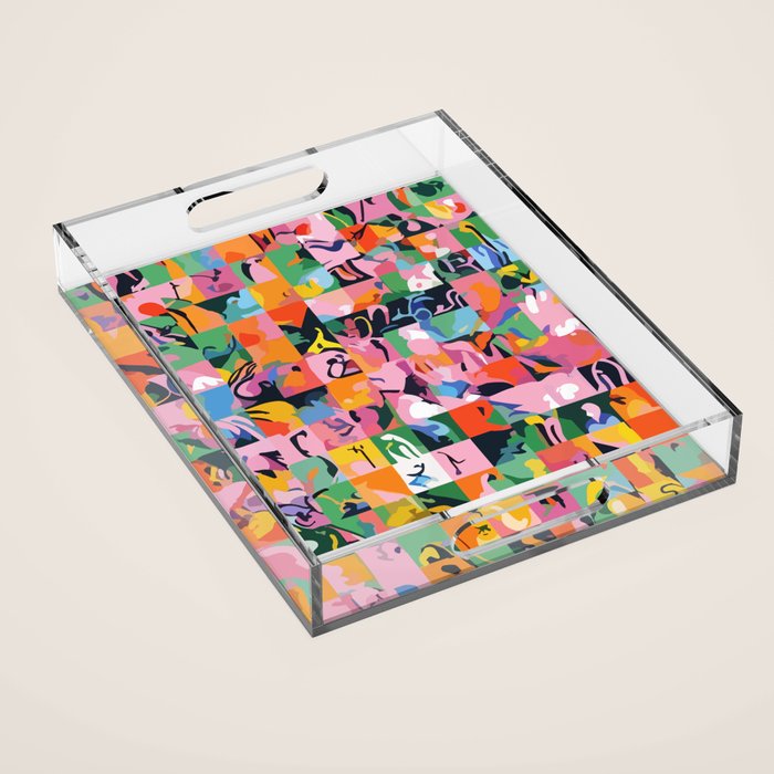 Life On a Checkboard, Abstract Maximalism Eclectic Painting, Bohemian Pop of Color Illustration  Acrylic Tray Gallery Image 1