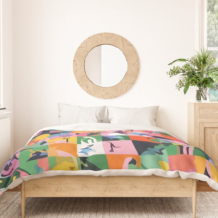 Life On a Checkboard, Abstract Maximalism Eclectic Painting, Bohemian Pop of Color Illustration  Duvet Cover Gallery Image 3