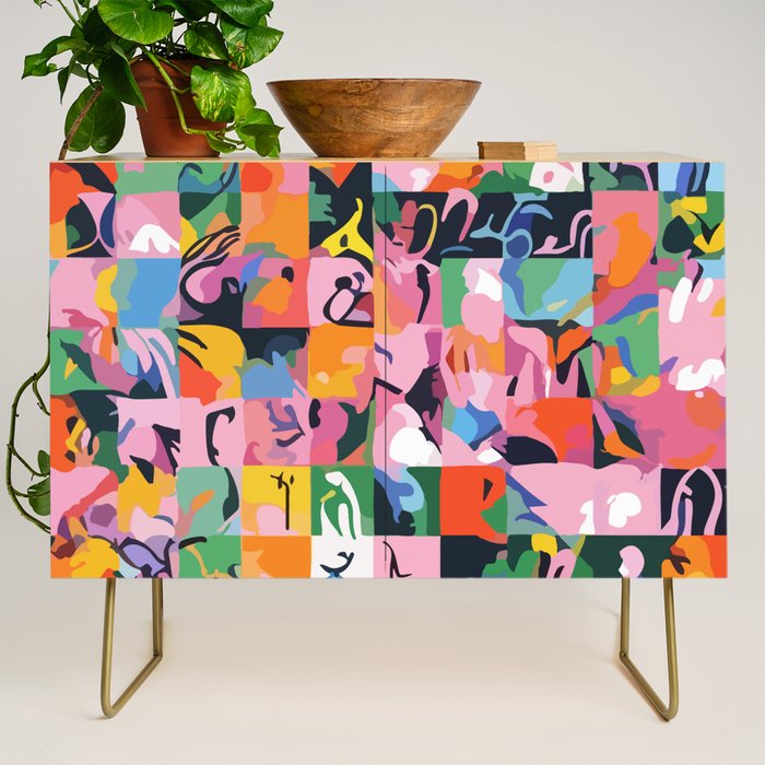 Life On a Checkboard, Abstract Maximalism Eclectic Painting, Bohemian Pop of Color Illustration  Credenza Gallery Image 1