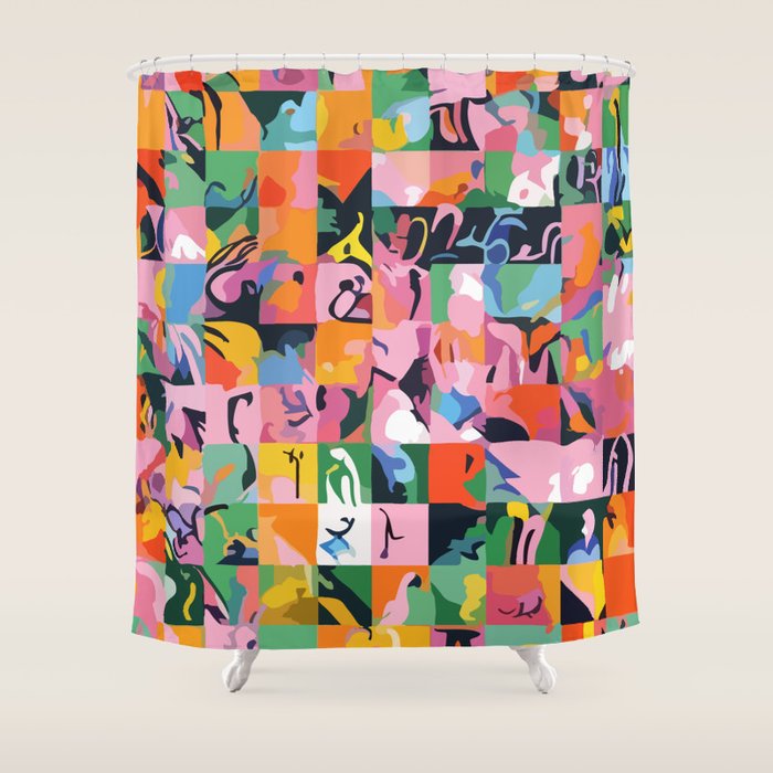 Life On a Checkboard, Abstract Maximalism Eclectic Painting, Bohemian Pop of Color Illustration  Shower Curtain Gallery Image 1