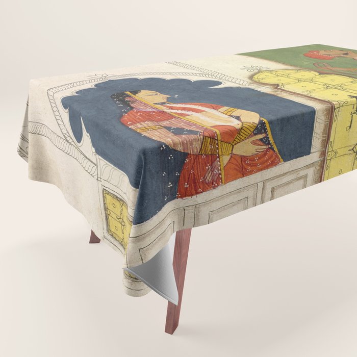 Woman gazing at warrior Indian Painted Illustration Tablecloth Gallery Image 1