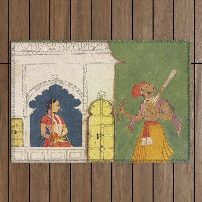 Woman gazing at warrior Indian Painted Illustration Outdoor Rug Gallery Image 1