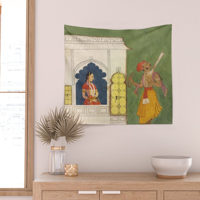 Woman gazing at warrior Indian Painted Illustration Wall Tapestry Gallery Image 2