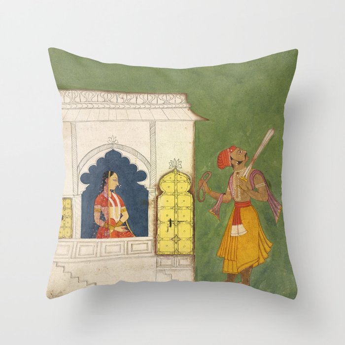 Woman gazing at warrior Indian Painted Illustration Throw Pillow Gallery Image 1