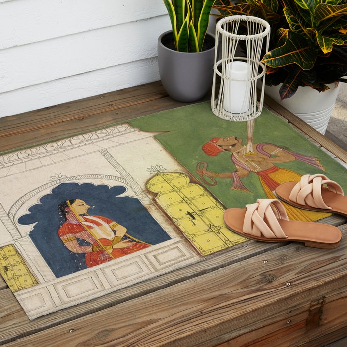 Woman gazing at warrior Indian Painted Illustration Outdoor Rug Gallery Image 2