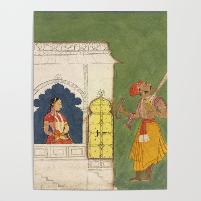 Woman gazing at warrior Indian Painted Illustration Poster Gallery Image 1