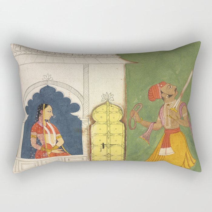 Woman gazing at warrior Indian Painted Illustration Rectangular Pillow Gallery Image 2