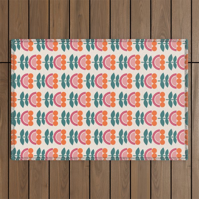 Scandinavian Floral Pattern, Teal, Orange and Pink, Retro Flowers 4 Outdoor Rug