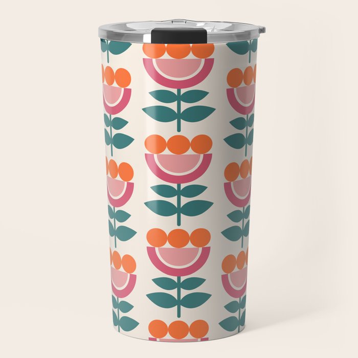 Scandinavian Floral Pattern, Teal, Orange and Pink, Retro Flowers 4 Travel Mug Gallery Image 1