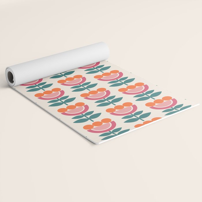 Scandinavian Floral Pattern, Teal, Orange and Pink, Retro Flowers 4 Yoga Mat Gallery Image 2