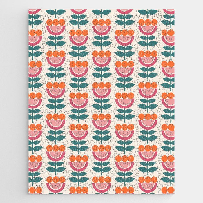 Scandinavian Floral Pattern, Teal, Orange and Pink, Retro Flowers 4 Jigsaw Puzzle Gallery Image 1