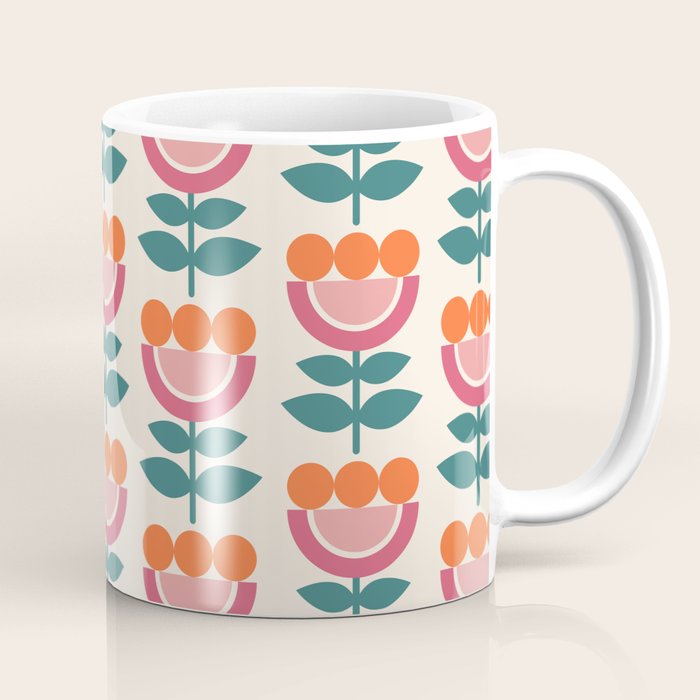 Scandinavian Floral Pattern, Teal, Orange and Pink, Retro Flowers 4 Coffee Mug Gallery Image 1