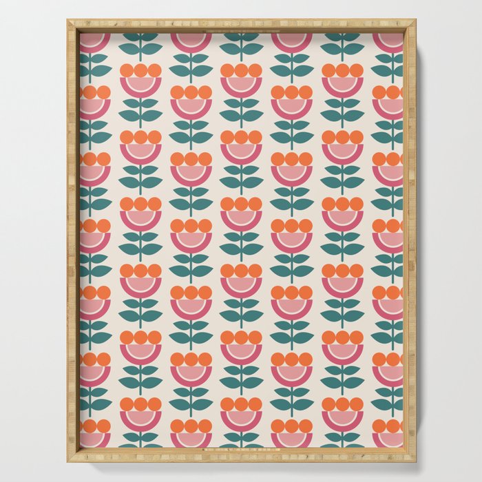 Scandinavian Floral Pattern, Teal, Orange and Pink, Retro Flowers 4 Serving Tray Gallery Image 1