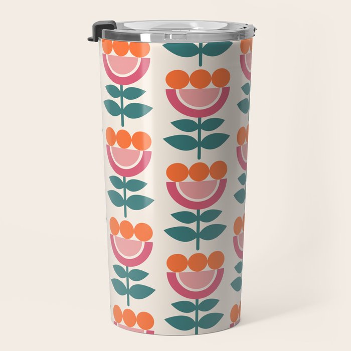 Scandinavian Floral Pattern, Teal, Orange and Pink, Retro Flowers 4 Travel Mug Gallery Image 3