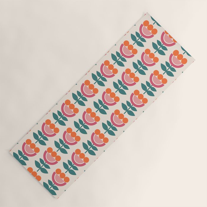 Scandinavian Floral Pattern, Teal, Orange and Pink, Retro Flowers 4 Yoga Mat Gallery Image 1