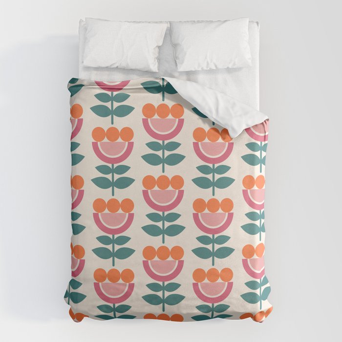 Scandinavian Floral Pattern, Teal, Orange and Pink, Retro Flowers 4 Duvet Cover Gallery Image 6