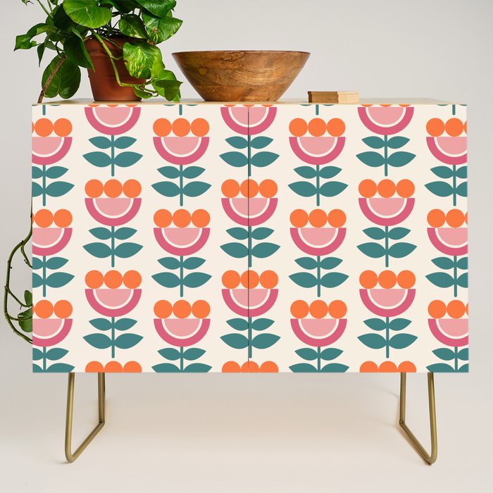 Scandinavian Floral Pattern, Teal, Orange and Pink, Retro Flowers 4 Credenza Gallery Image 1