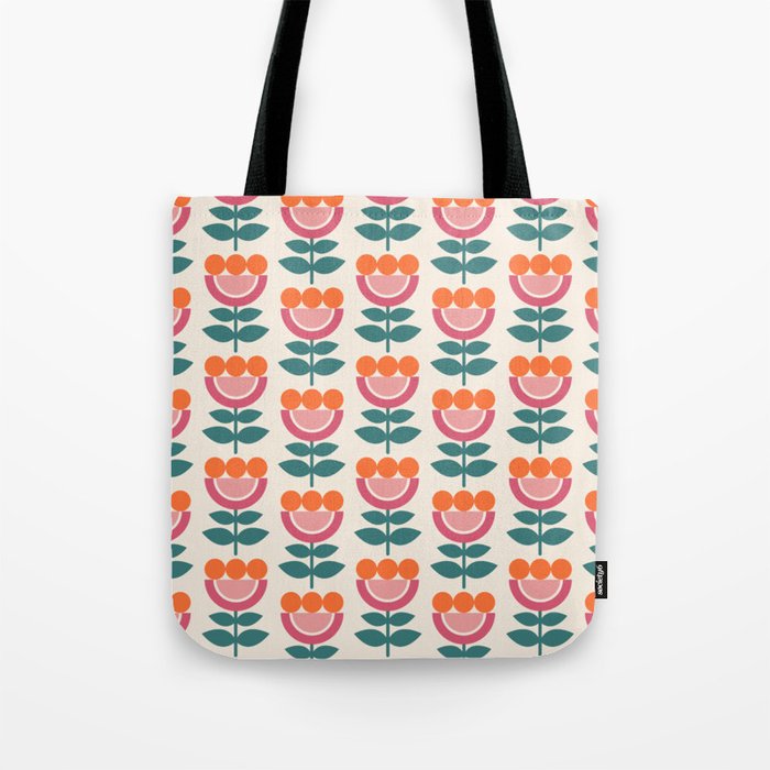 Scandinavian Floral Pattern, Teal, Orange and Pink, Retro Flowers 4 Tote Bag Gallery Image 1