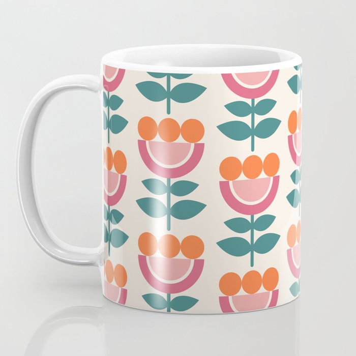Scandinavian Floral Pattern, Teal, Orange and Pink, Retro Flowers 4 Coffee Mug Gallery Image 3