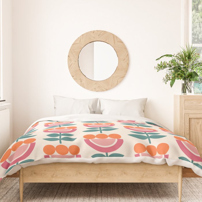 Scandinavian Floral Pattern, Teal, Orange and Pink, Retro Flowers 4 Duvet Cover Gallery Image 3