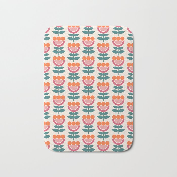 Scandinavian Floral Pattern, Teal, Orange and Pink, Retro Flowers 4 Bath Mat Gallery Image 1