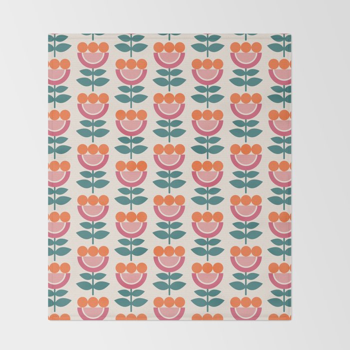 Scandinavian Floral Pattern, Teal, Orange and Pink, Retro Flowers 4 Throw Blanket Gallery Image 2