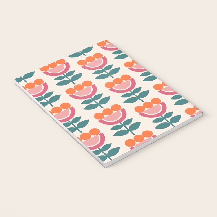 Scandinavian Floral Pattern, Teal, Orange and Pink, Retro Flowers 4 Notebook Gallery Image 3