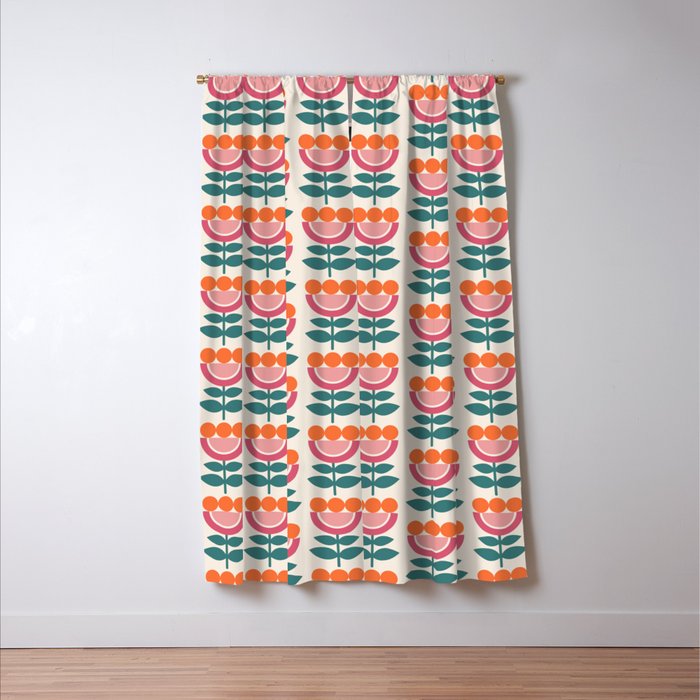 Scandinavian Floral Pattern, Teal, Orange and Pink, Retro Flowers 4 Window Curtain Gallery Image 3