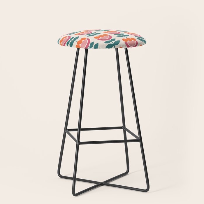 Scandinavian Floral Pattern, Teal, Orange and Pink, Retro Flowers 4 Stool Gallery Image 1
