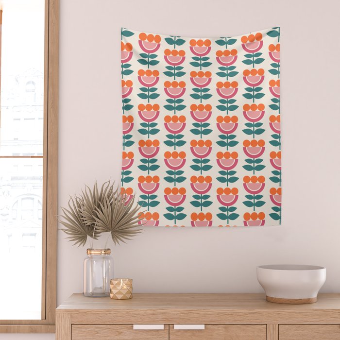Scandinavian Floral Pattern, Teal, Orange and Pink, Retro Flowers 4 Wall Tapestry Gallery Image 2