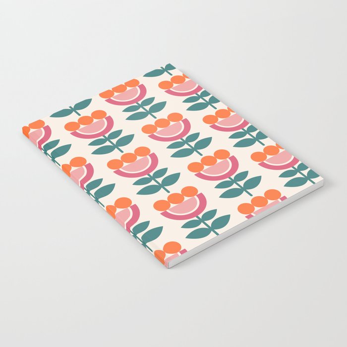 Scandinavian Floral Pattern, Teal, Orange and Pink, Retro Flowers 4 Notebook Gallery Image 2